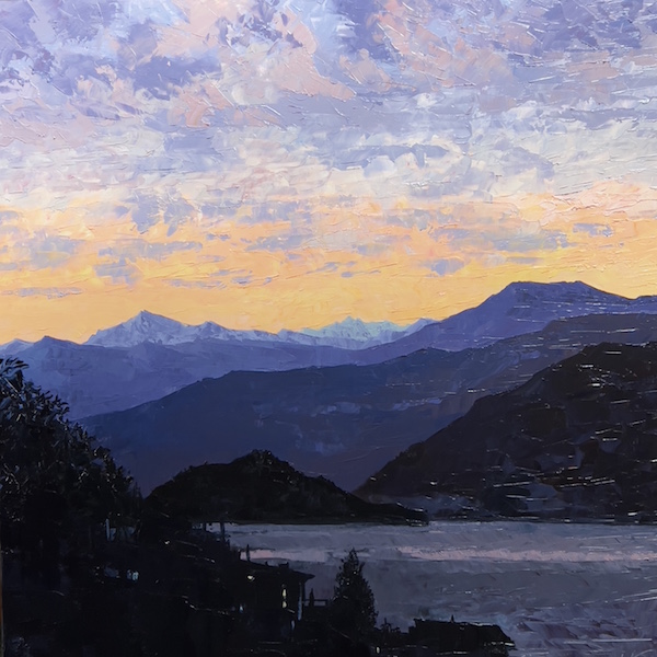 Lac de Côme aube feu 120x120cm Huile sur toile de Francois Edouard Finet french artist figurative art oil painting art for sale Paris lagodicomo exhibition beauty art